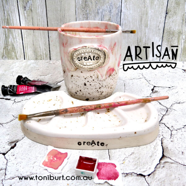 handmade ceramic palette and jar set in pink speckles 0002