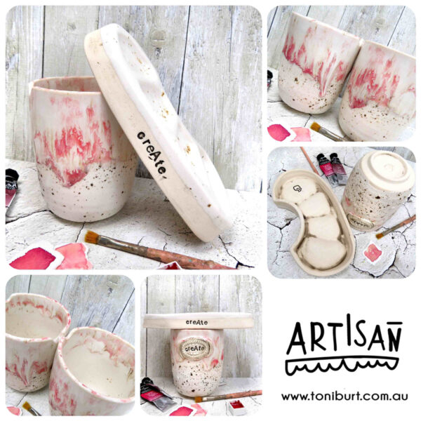 handmade ceramic palette and jar set in pink speckles pc 0001