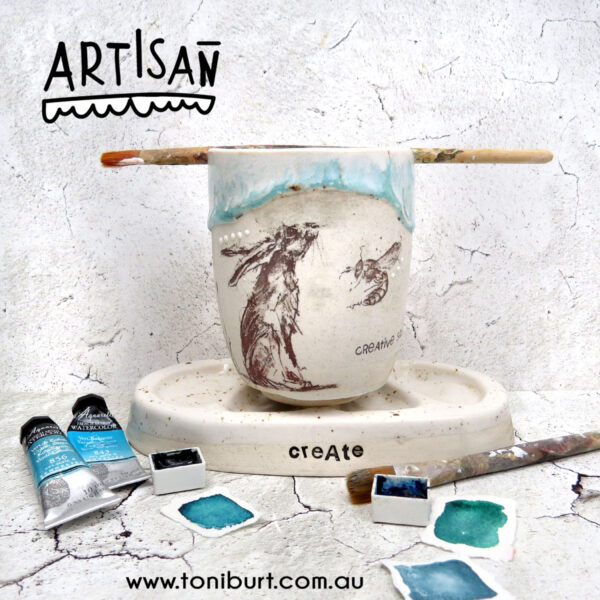 handmade ceramic palette and jar set in teal with hare 0001