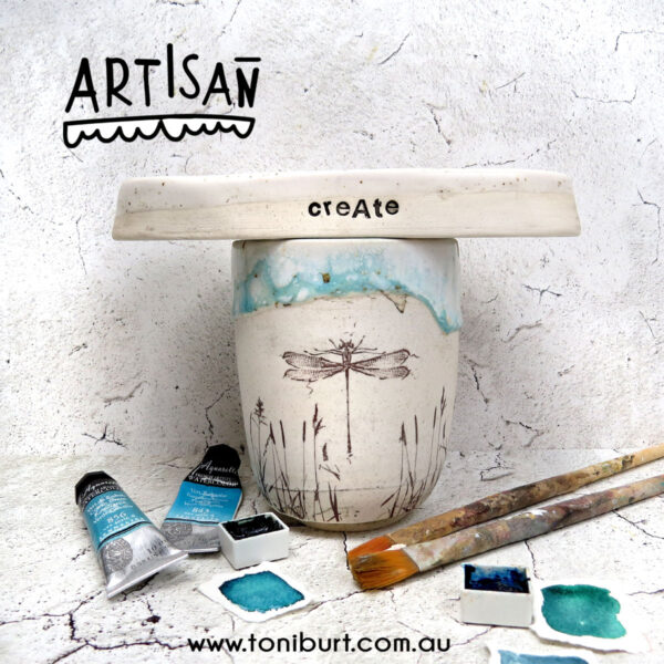 handmade ceramic palette and jar set in teal with hare 0002