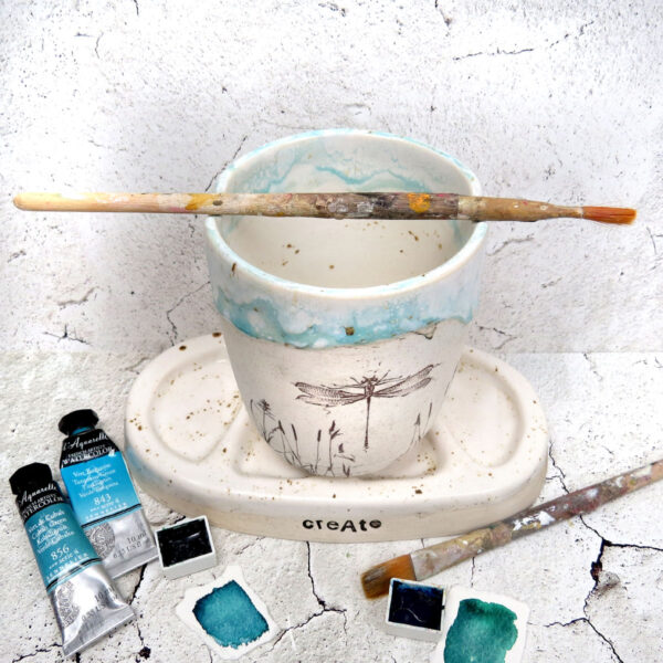 handmade ceramic palette and jar set in teal with hare 0003