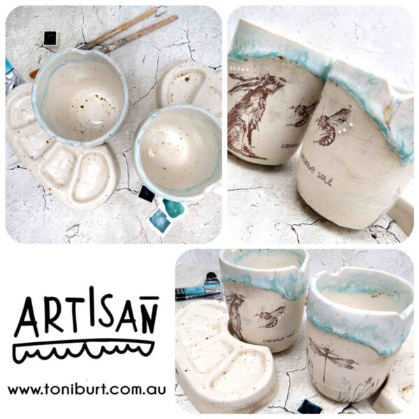 handmade ceramic palette and jar set in teal with hare pc 0001