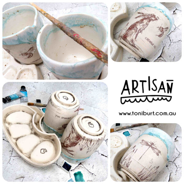handmade ceramic palette and jar set in teal with hare pc 0002