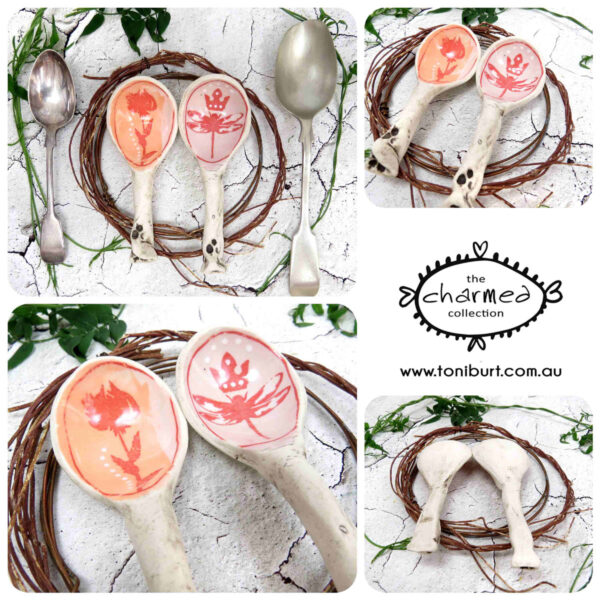 handmade pair ceramic spoons with flower and dragonfly pc 0005