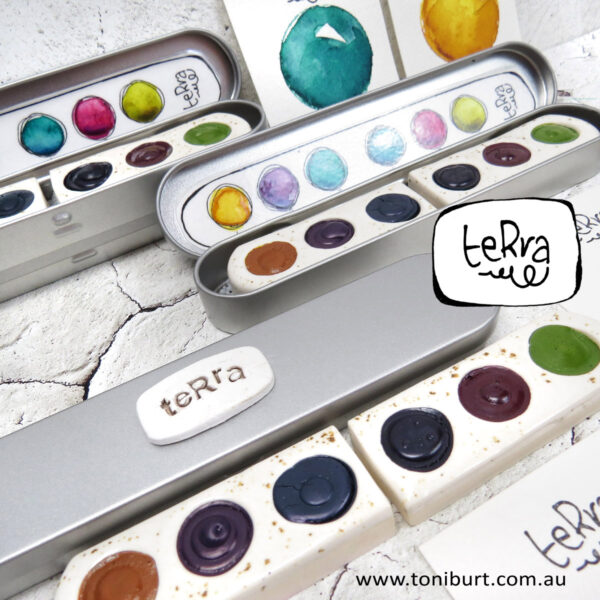 teRra handmade watercolour paints on the go tin sets 6 oval sets 1 and 2 detail