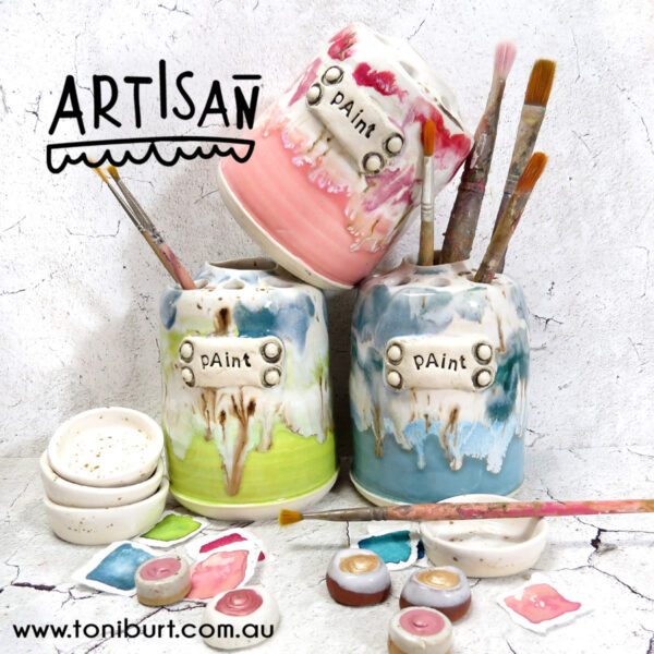 artisan handmade ceramic artist paint brush jars multi 2