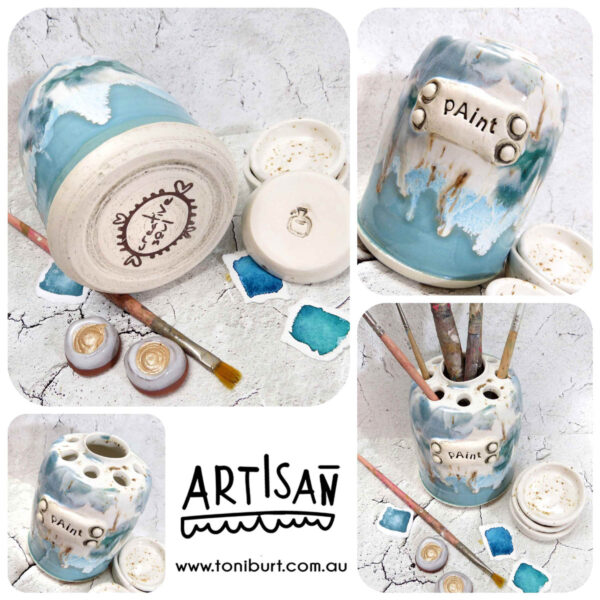handmade ceramic paint brush jar and palette trio blue pc 001