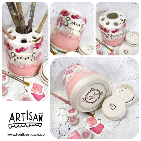handmade ceramic paint brush jar and palette trio pink pc 001