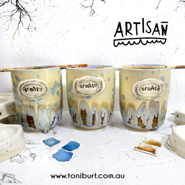 handmade ceramic palette and jar set with tan drippy glaze 002