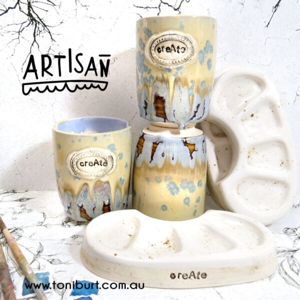 handmade ceramic palette and jar set with tan drippy glaze 003