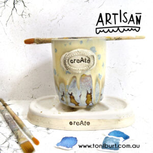 handmade ceramic palette and jar set with tan drippy glaze 004