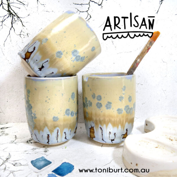handmade ceramic palette and jar set with tan drippy glaze 005