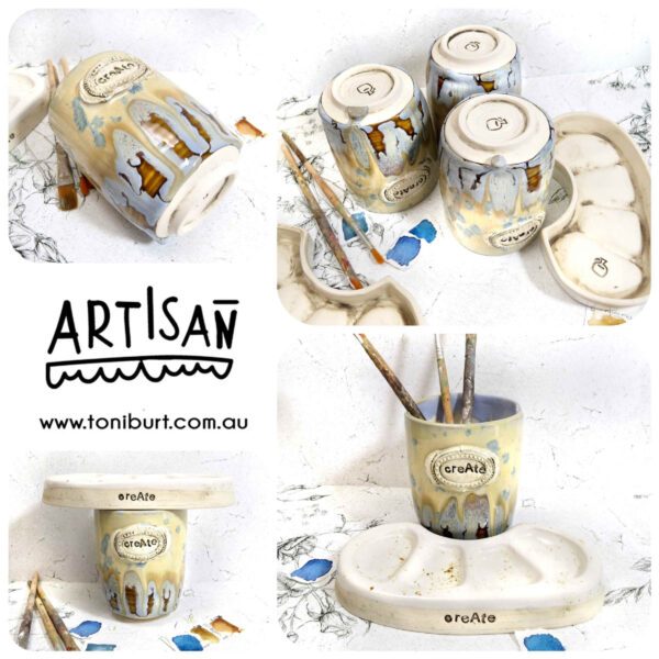 handmade ceramic palette and jar set with tan drippy glaze pc 001