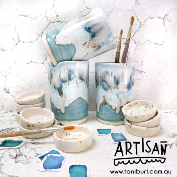 handmade ceramic palettes and jar set with blue drippy glaze 002