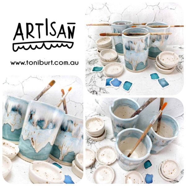 handmade ceramic palettes and jar set with blue drippy glaze pc 002