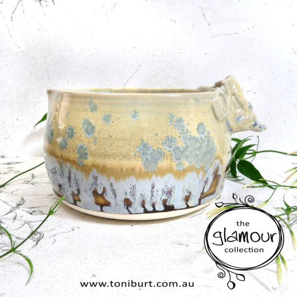 handmade ceramic pouring bowl glamour tan blue crystal lge 001