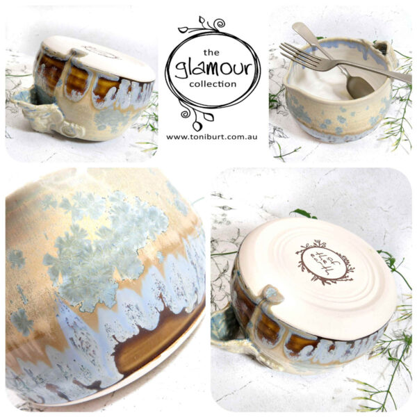 handmade ceramic pouring bowl glamour tan blue crystal lge pc 002