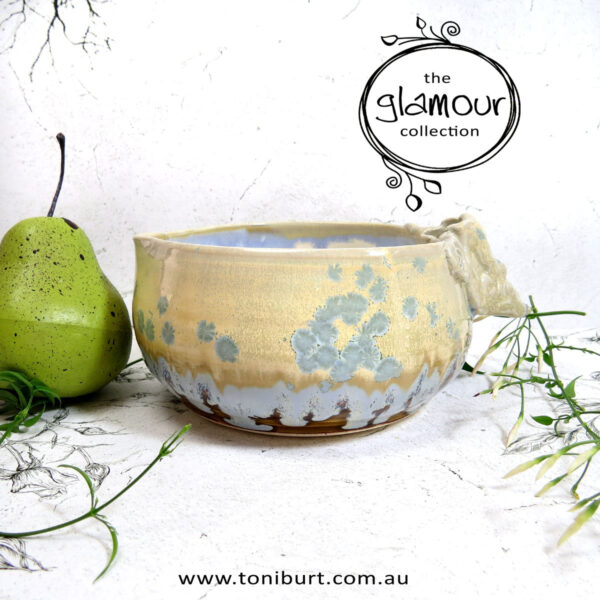 handmade ceramic pouring bowl glamour tan blue crystal med 003
