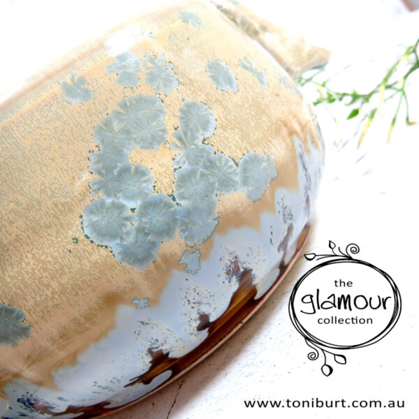 handmade ceramic pouring bowl glamour tan blue crystal med 004