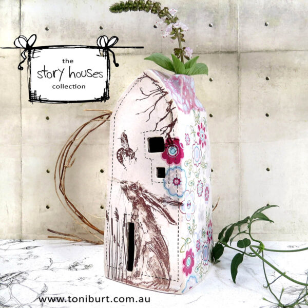 handmade ceramic house sleeve vase hare pink 1