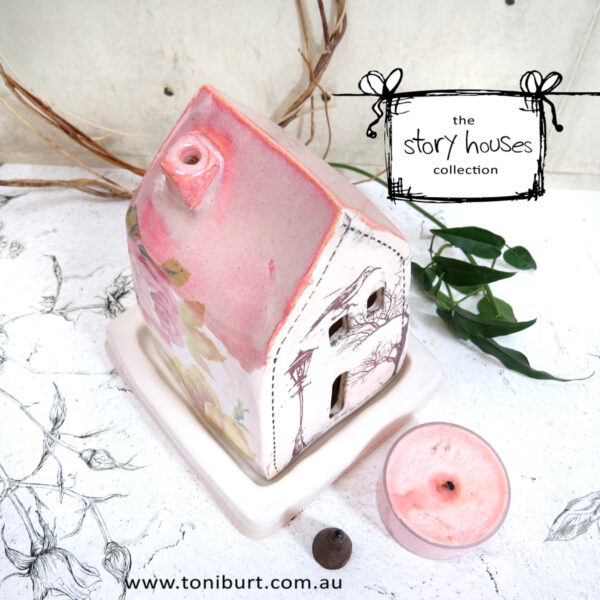 handmade ceramic house tealight burner streetlight pink 2