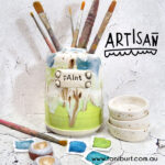 handmade ceramic paint brush jar and palette trio lime sold