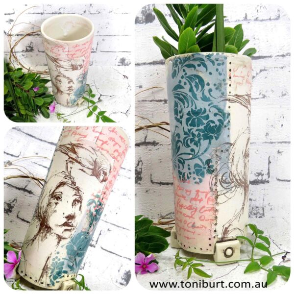 handmade ceramic tall vase with girl and owl pc 0001