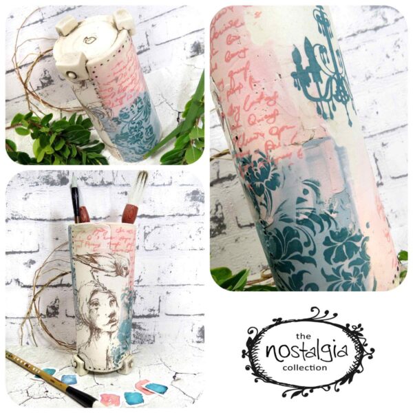 handmade ceramic tall vase with girl and owl pc 0002