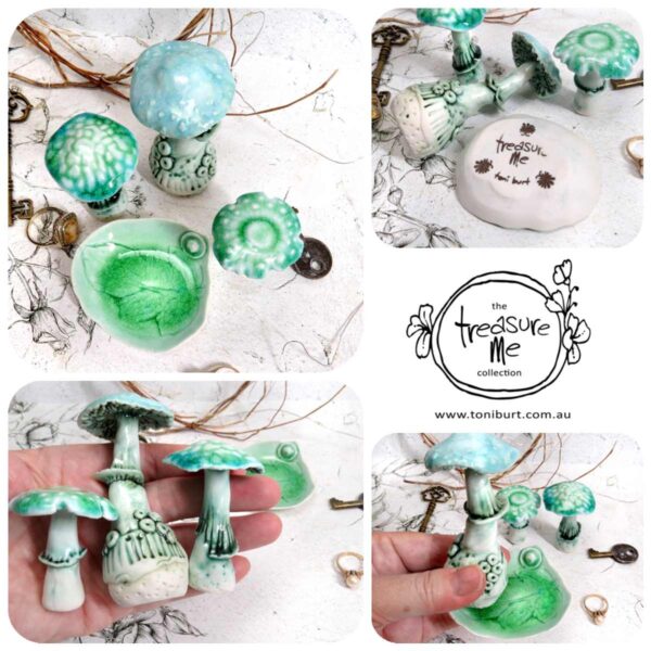 porcelain mushroom trio ring dish set teal emerald pc 01