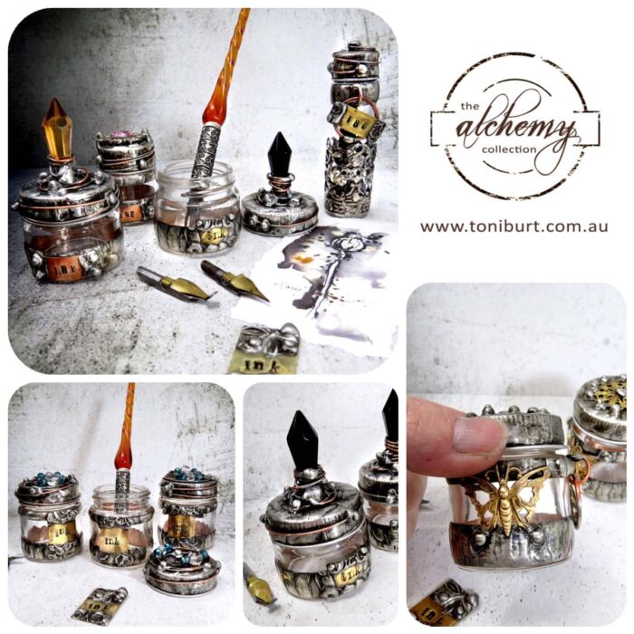 alchemy glass soldered ink jars bottles multi collage